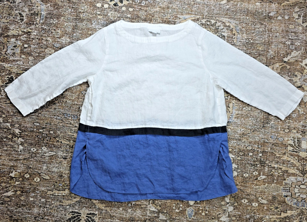 J Jill Love Linen Colorblock Tunic Top PS 3/4 Sleeve Blue Coastal Relaxed Travel